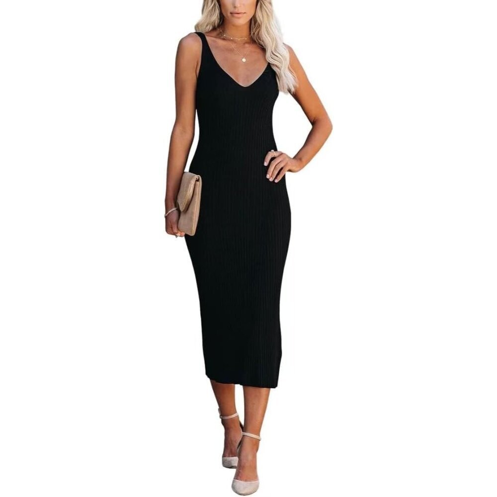 Women's V-Neck Sleeveless Bodycon Midi Dress Casual Summer Knit Fit